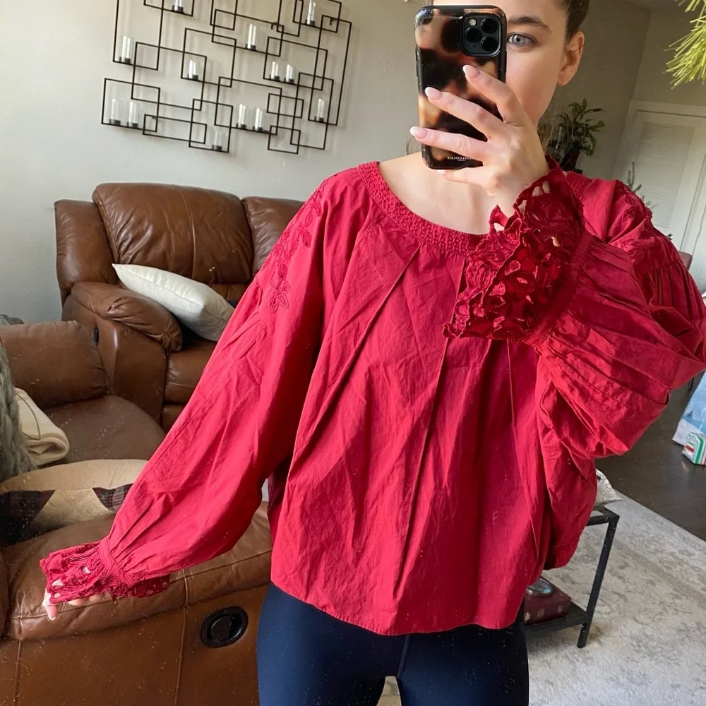 FREE PEOPLE WISHING WELL RED LACE COTTON BLOUSE XS